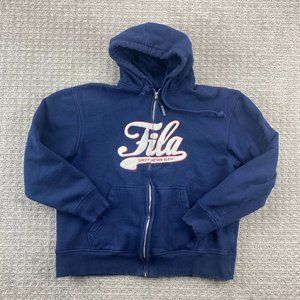 Vintage Fila Sweater F-Box Women Medium M Navy Blue Hoodie Full Zip Spell Out